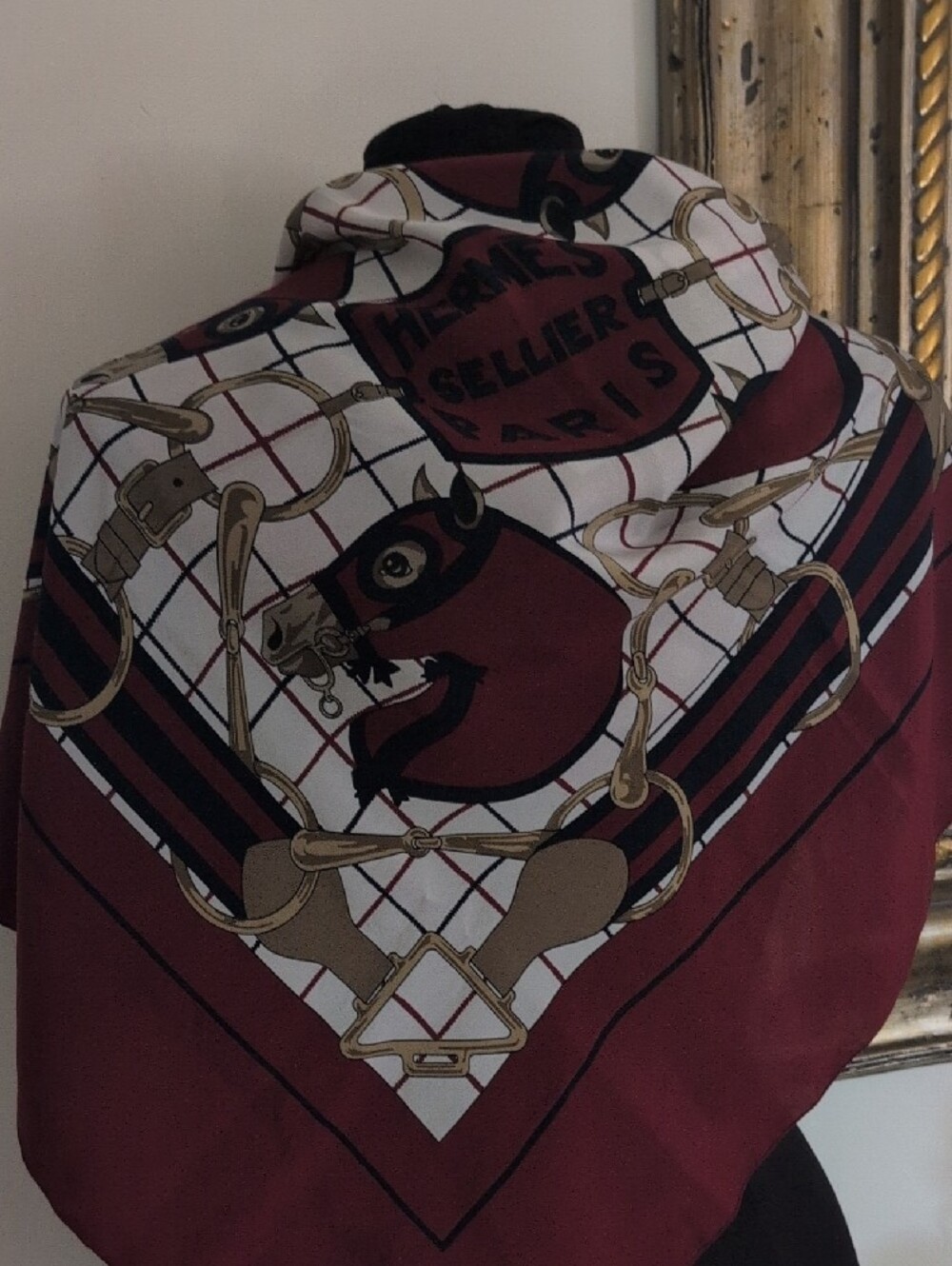 Hermes Paris Red, White and Gold Equestrian Design Scarf 29x31" - Picture 5 of 6